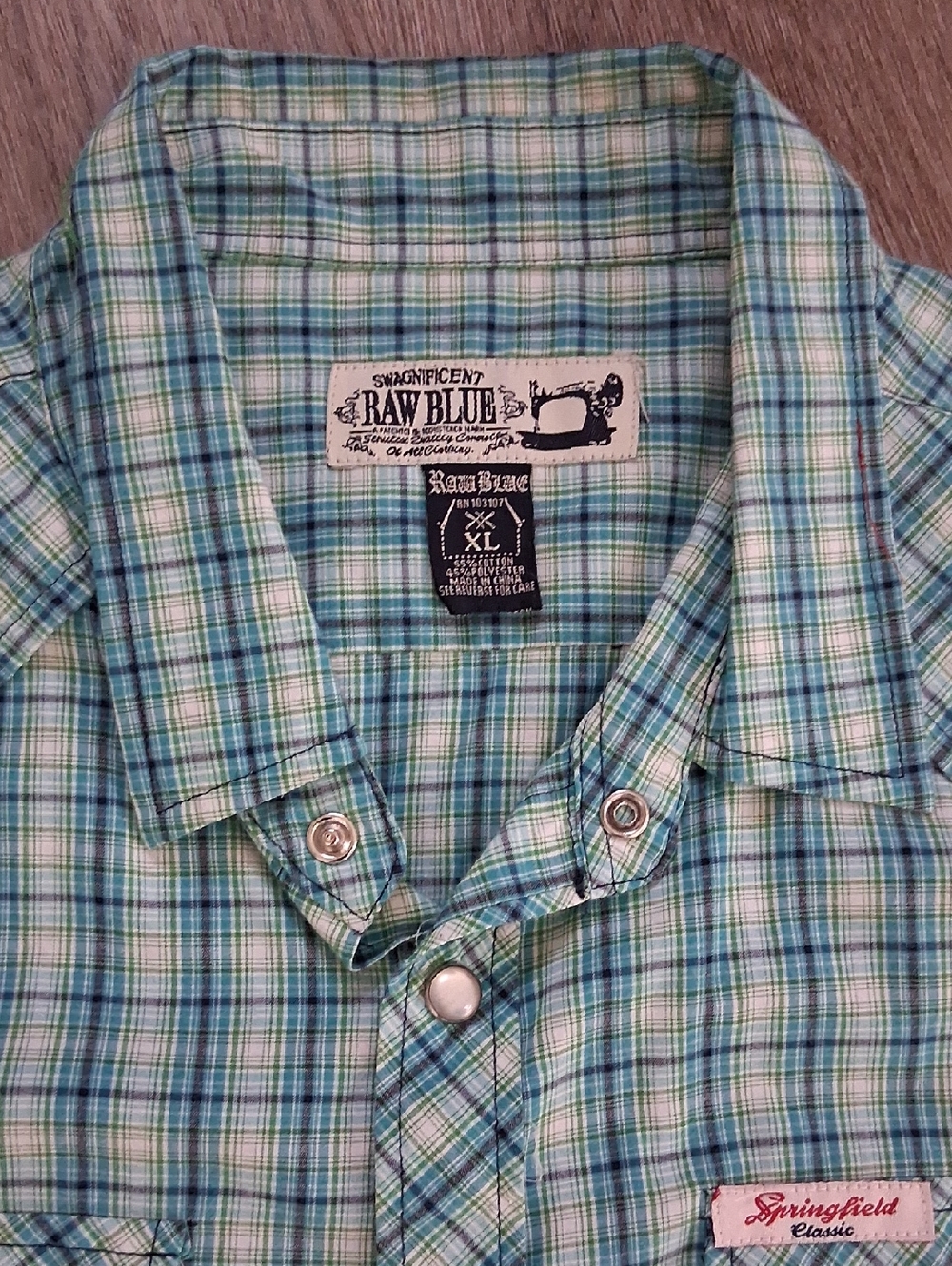 Raw Blue XL Men's Green Blue Plaid Short-Sleeve Button-Down Shirt